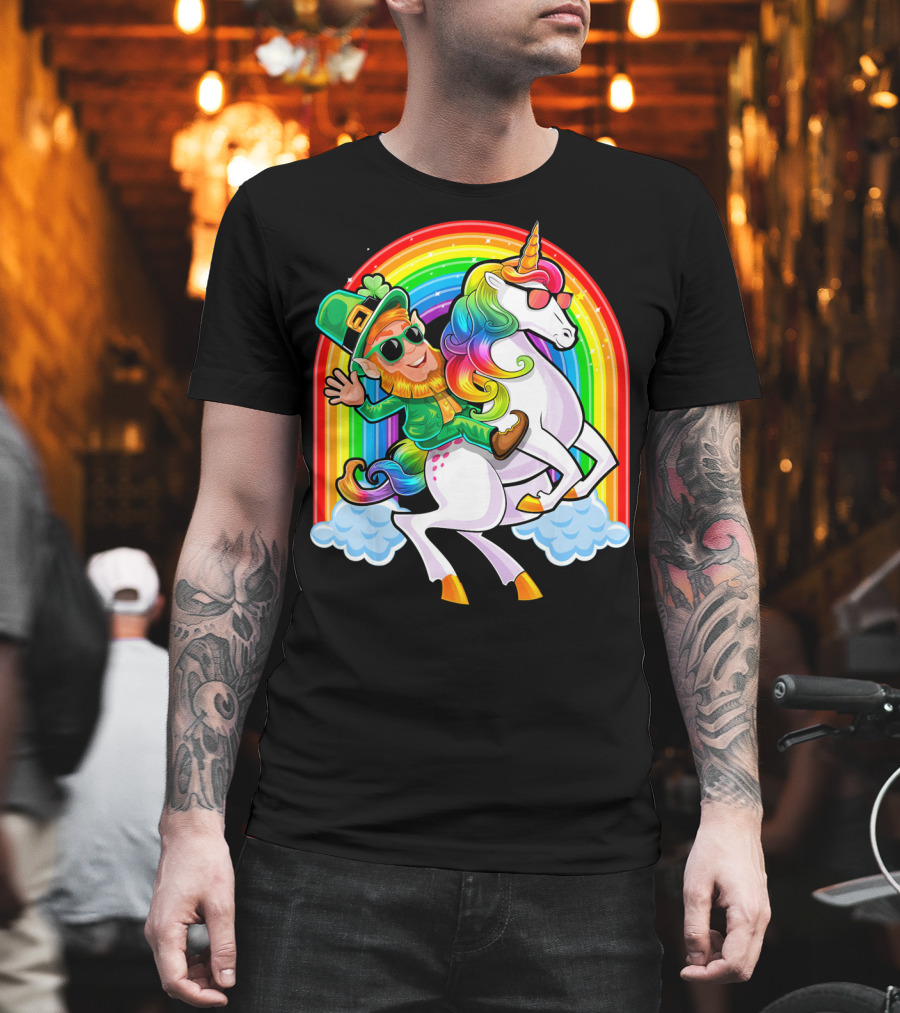 St Patricks Day Rainbow Unicorn and Leprechaun Riding Clouds T-Shirt
