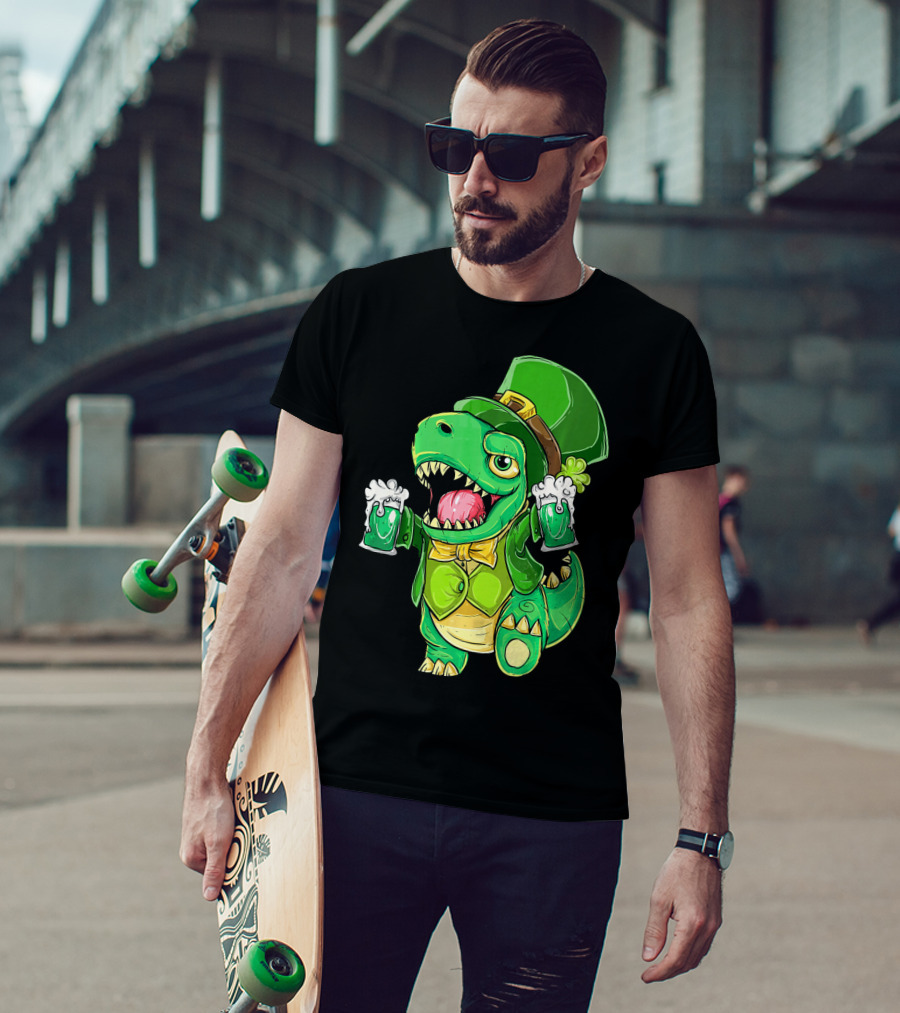 St Patricks Day Irish Dinosaur Holding Two Beers In Green Outfit And Hat T-Shirt