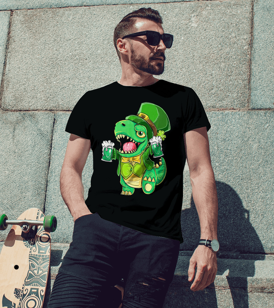 St Patricks Day Irish Dinosaur Holding Two Beers In Green Outfit And Hat T-Shirt