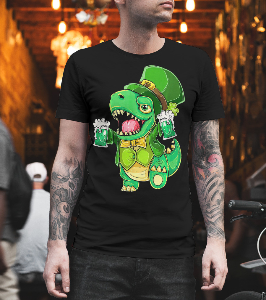 St Patricks Day Irish Dinosaur Holding Two Beers in Green Outfit and Hat T-Shirt