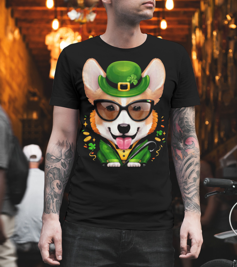 Welsh Corgi In Leprechaun Outfit With Sunglasses And Shamrocks T-Shirt