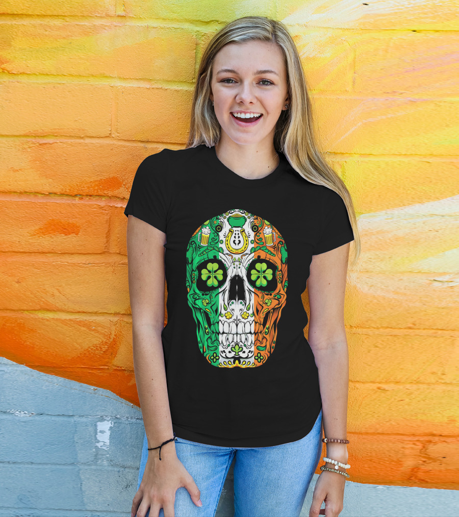 Sugar Skull Irish Leprechaun Shamrock St Patrick's Day T-Shirt