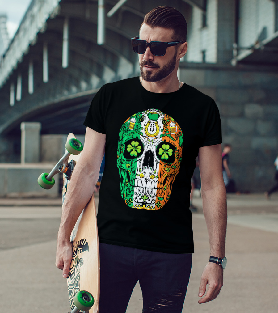 Sugar Skull Irish Leprechaun Shamrock St Patrick's Day T-Shirt