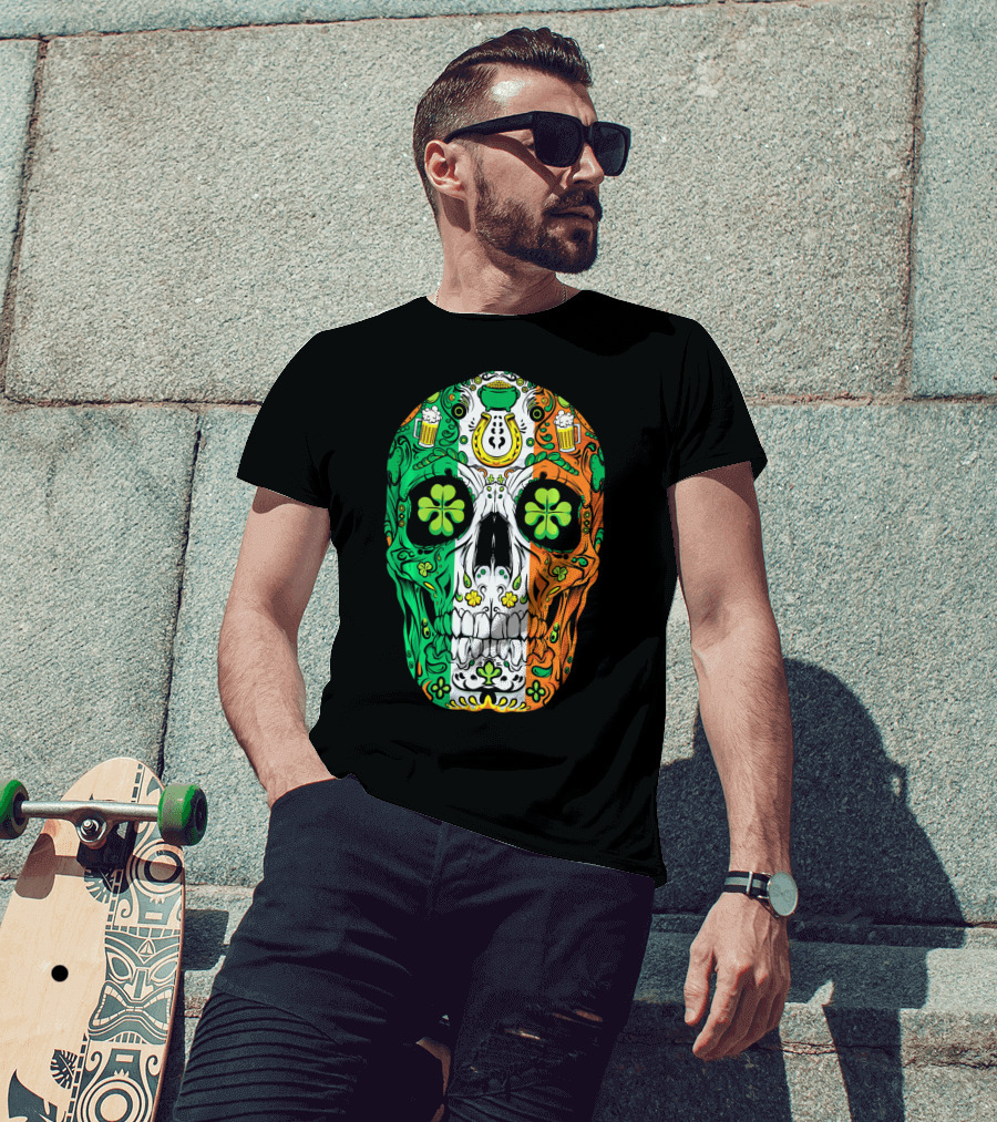 Sugar Skull Irish Leprechaun Shamrock St Patrick's Day T-Shirt