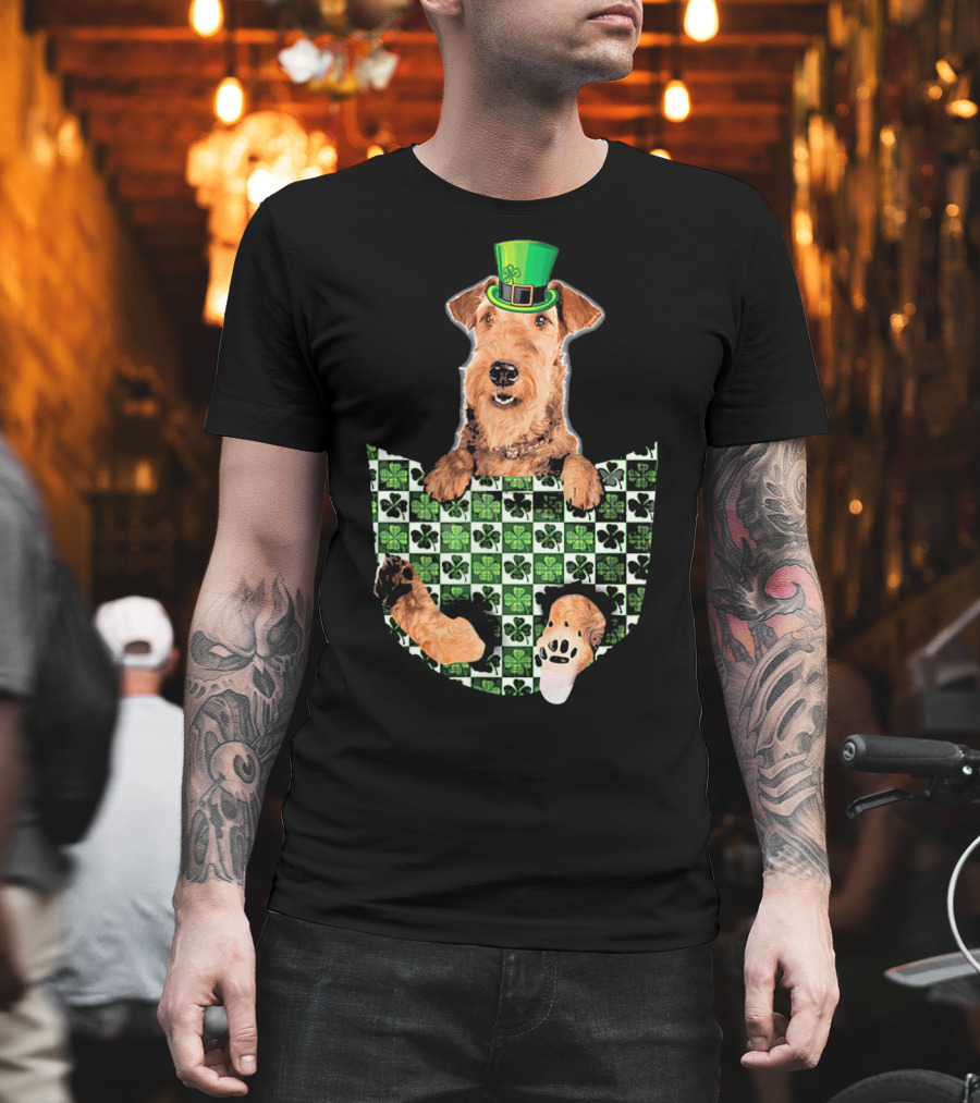 Airedale Terrier Pocket Patrick Hat Green Shamrocks T-Shirt