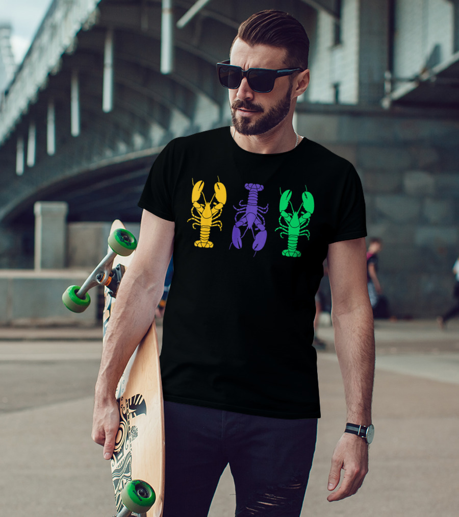 Mardi Gras Yellow Purple Green Crayfish Lobsters T-Shirt