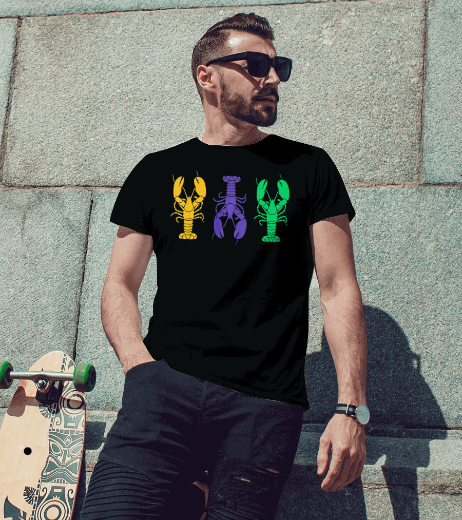 Mardi Gras Yellow Purple Green Crayfish Lobsters T-Shirt