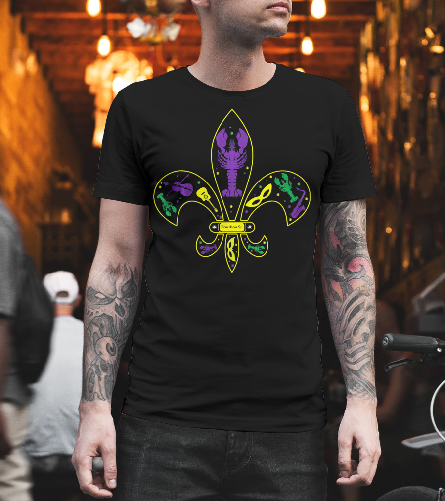 Mardi Gras Bourbon St Fleur-de-Lis Crawfish Violin Mask Skeleton T-Shirt