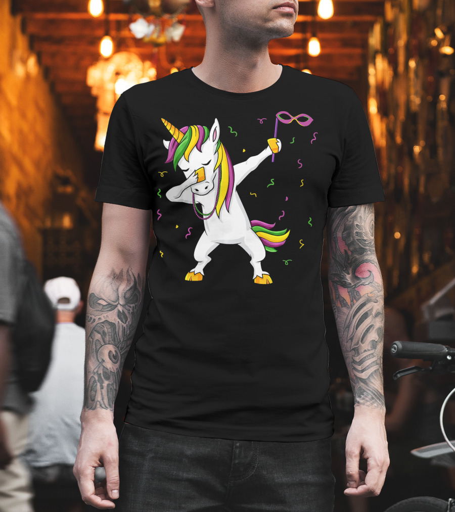 Dabbing Unicorn Mardi Gras Mask Colorful Fun Girls T-Shirt