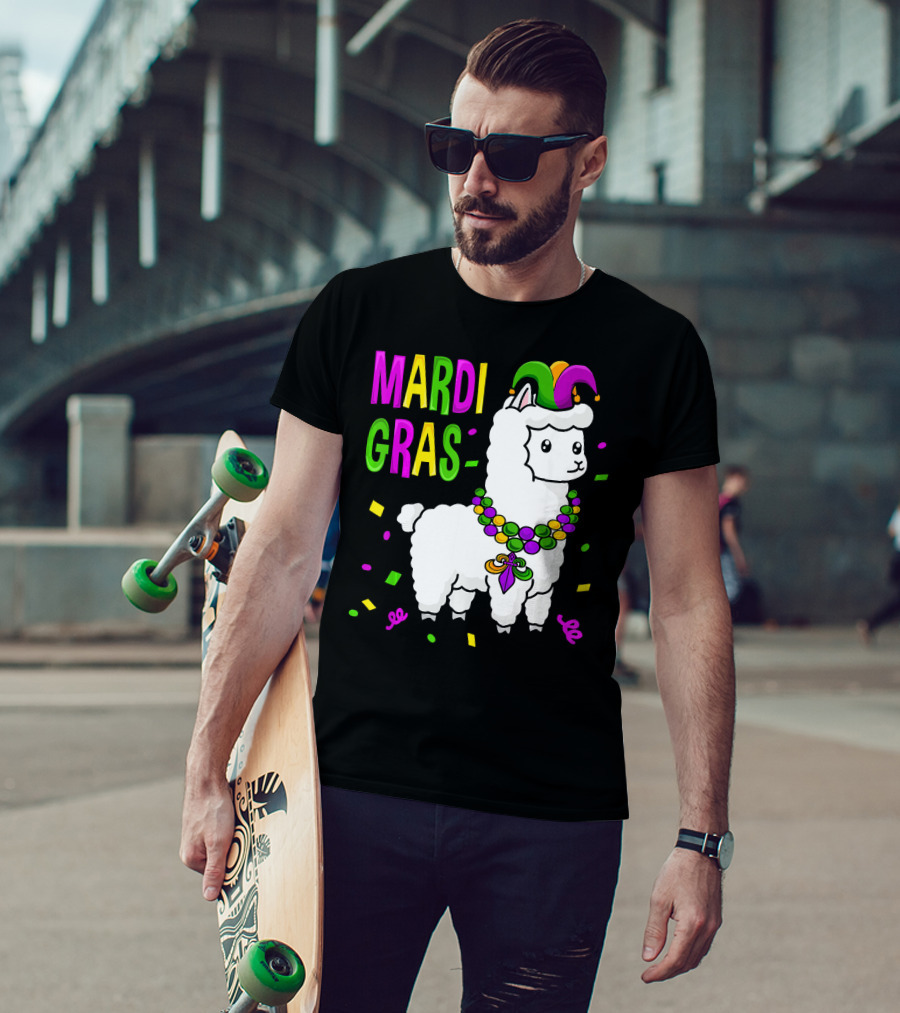 Mardi Gras Llama Jester New Orleans Beads Confetti T-Shirt