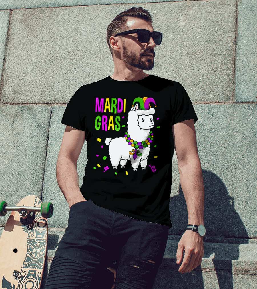 Mardi Gras Llama Jester New Orleans Beads Confetti T-Shirt