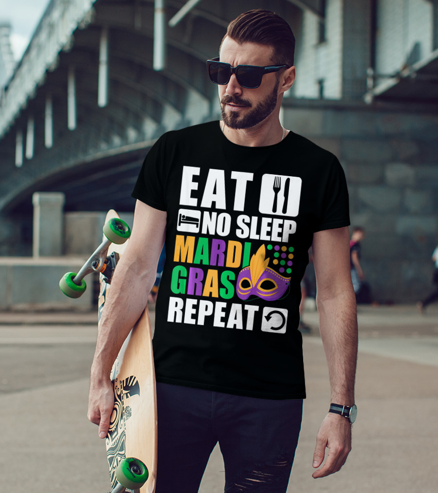 Eat No Sleep Mardi Gras Repeat Mask Icons T-Shirt