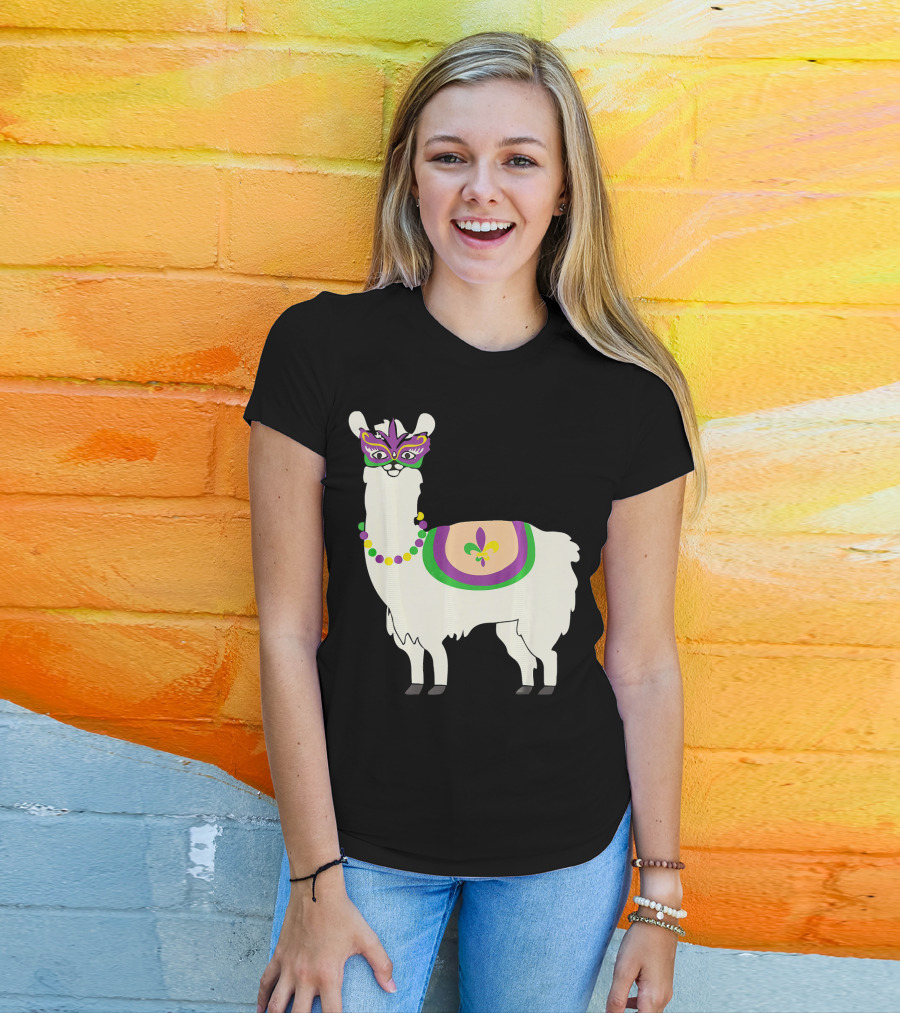 Mardi Gras Llama With Fleur-de-Lis Beads And Mask For Funny Carnival Party T-Shirt