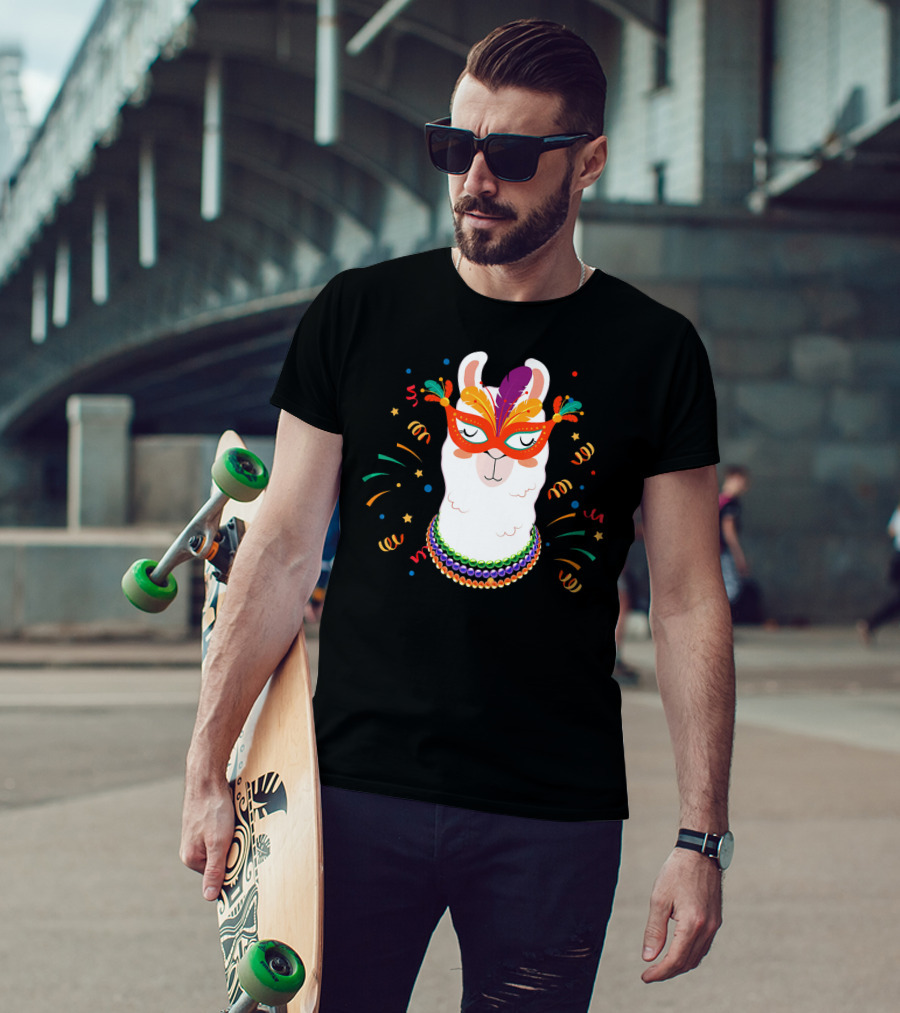 Llama Mardi Gras Mask Beads Festive T-Shirt