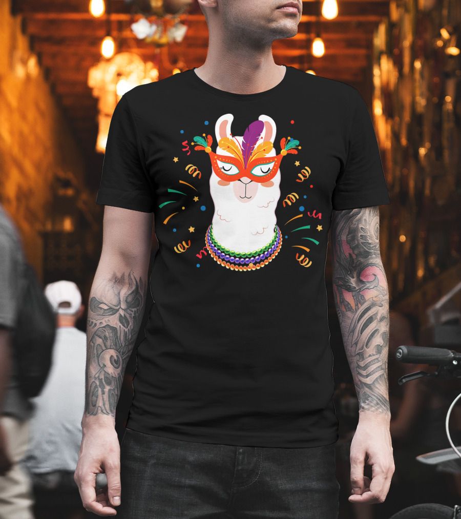 Llama Mardi Gras Mask Beads Festive T-Shirt