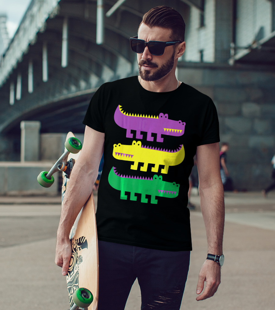 Mardi Gras Happy Alligator Crocodile Fun Purple Yellow Green Trio T-Shirt
