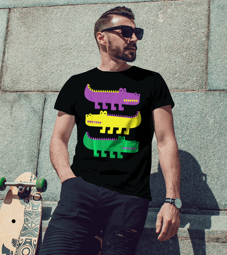 Mardi Gras Happy Alligator Crocodile Fun Purple Yellow Green Trio T-Shirt