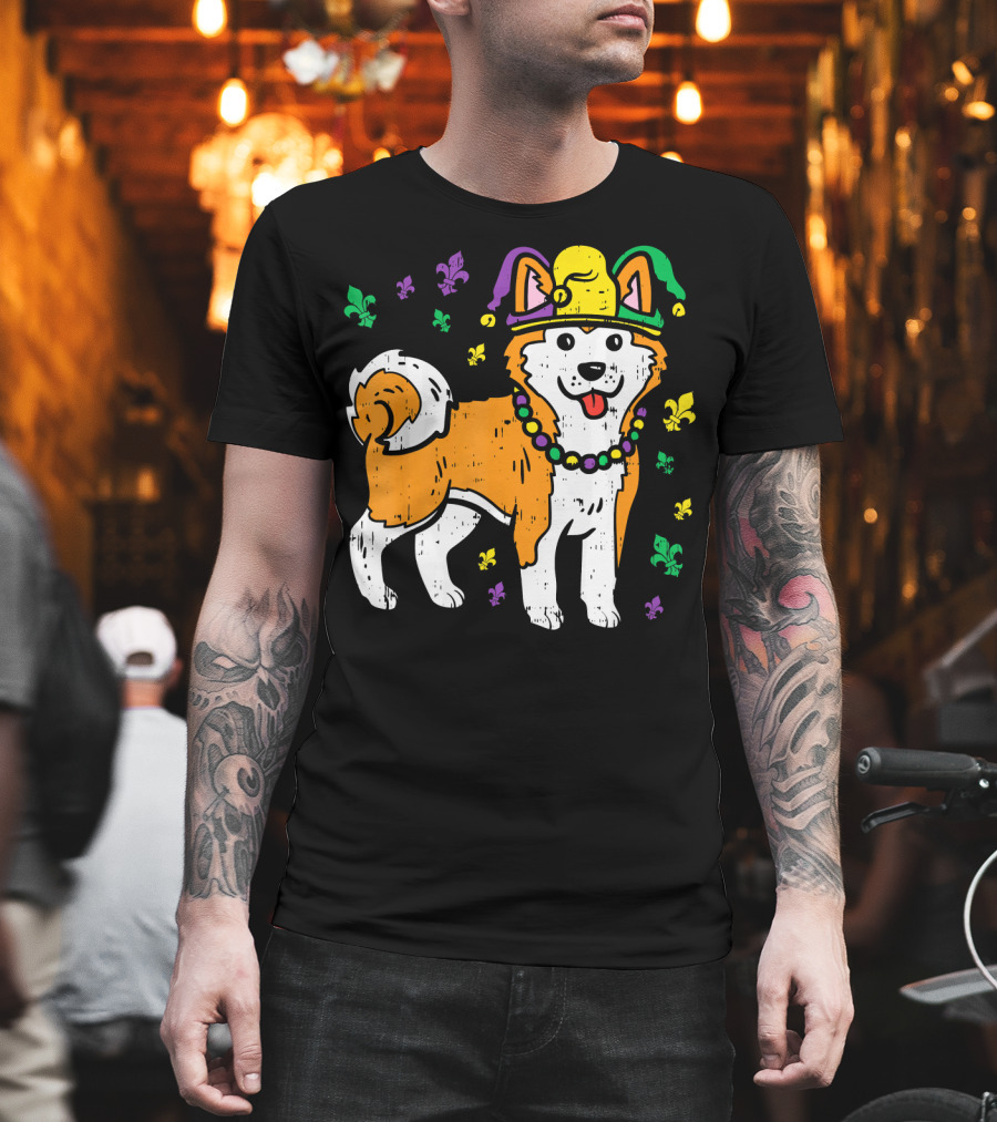 Jester Shiba Inu Akita Japanese Dog Mardi Gras Fleur-de-Lis T-Shirt