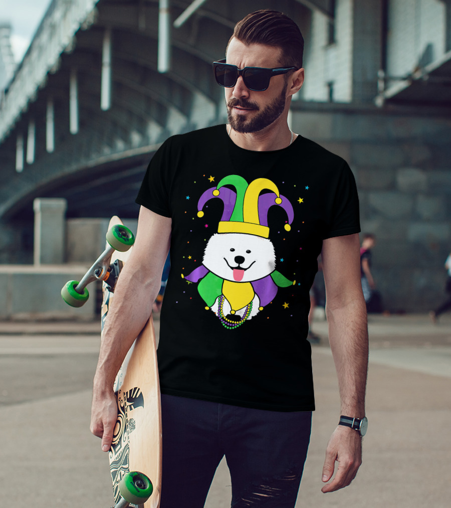 Funny Samoyed With Jester Hat And Mardi Gras Colors T-Shirt