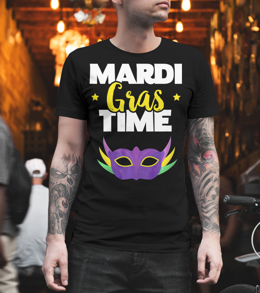 Mardi Gras Time Mask with Stars and Purple Yellow Green Elements T-Shirt