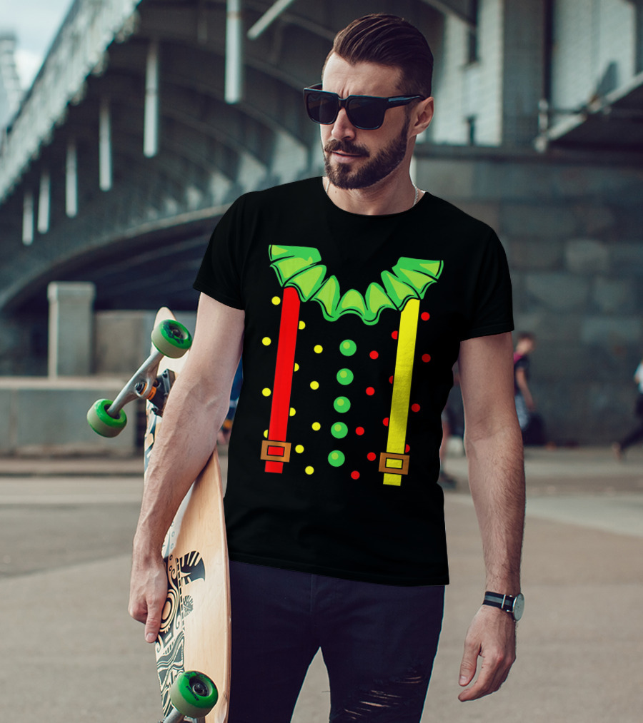 Funny Red And Yellow Suspenders With Green Jester Collar Clown T-Shirt