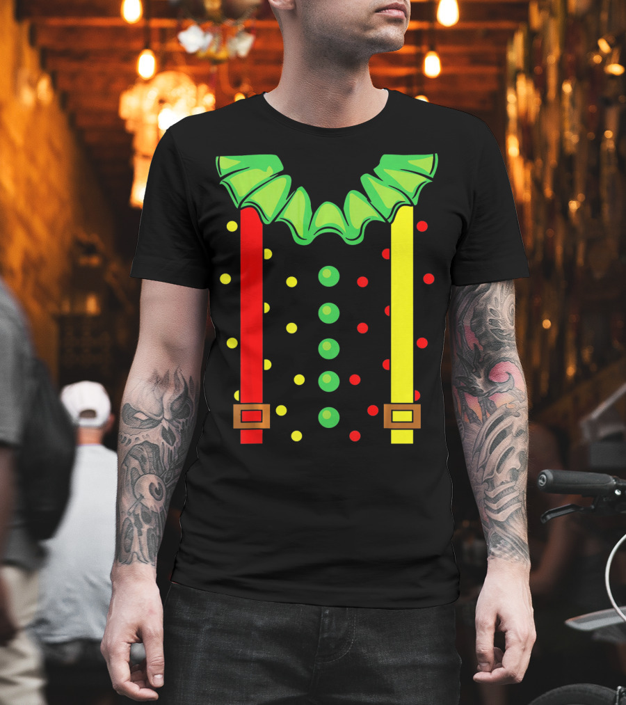 Funny Red and Yellow Suspenders with Green Jester Collar Clown T-Shirt