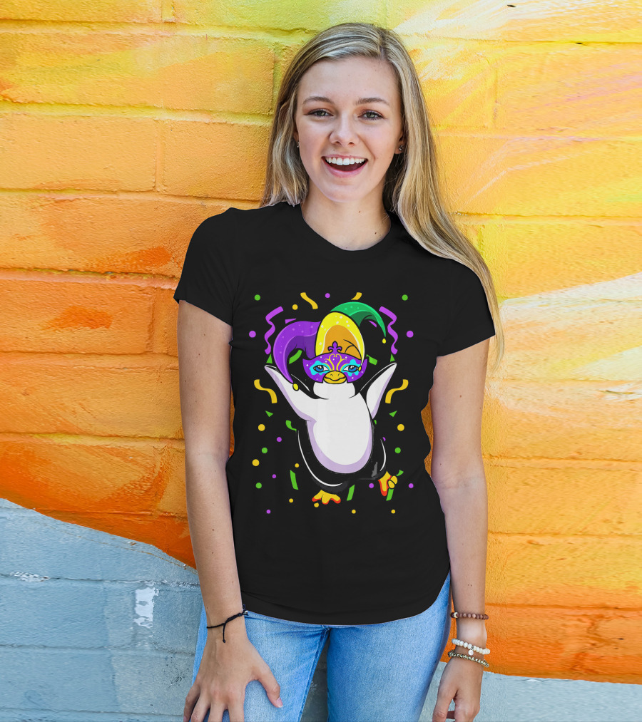 Mardi Gras Penguin With Colorful Jester Hat And Mask T-Shirt