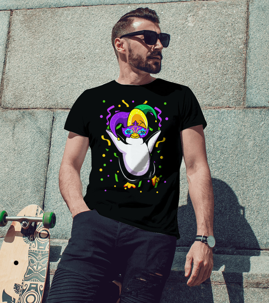 Mardi Gras Penguin With Colorful Jester Hat And Mask T-Shirt