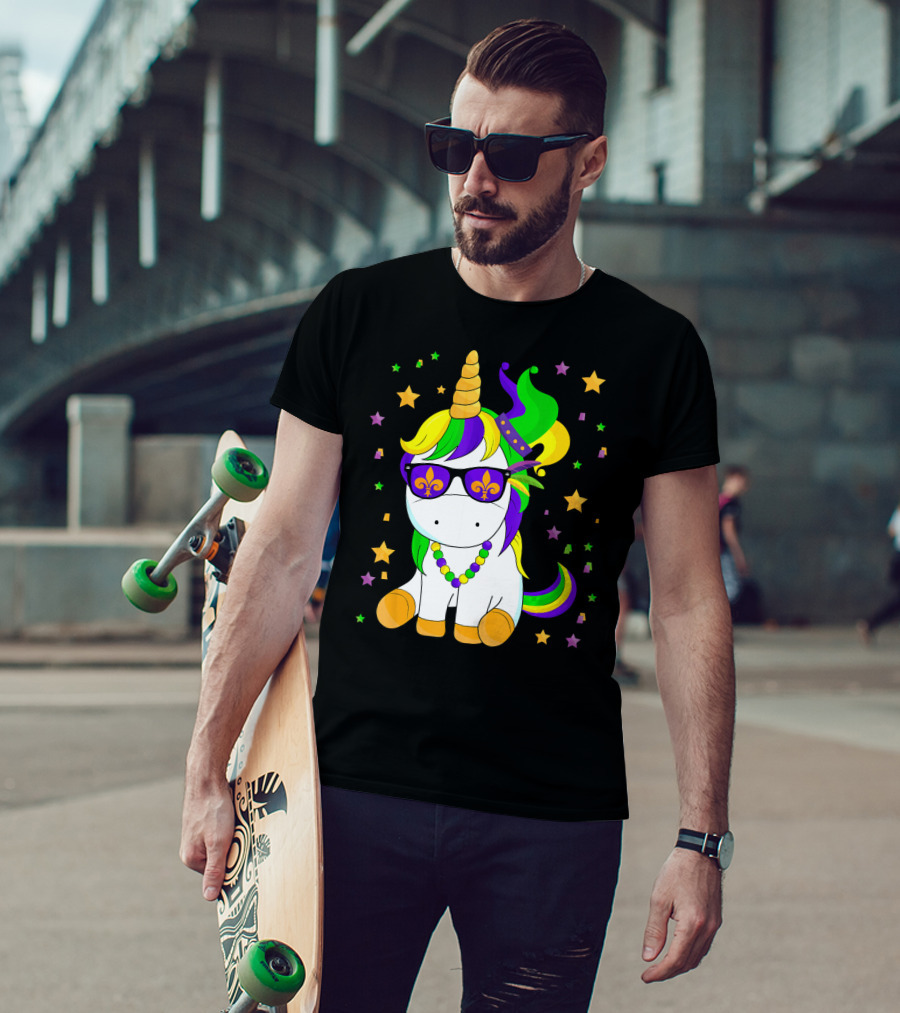 Mardi Gras Unicorn Kid Carnival Stars Fleur-de-Lis Beads T-Shirt