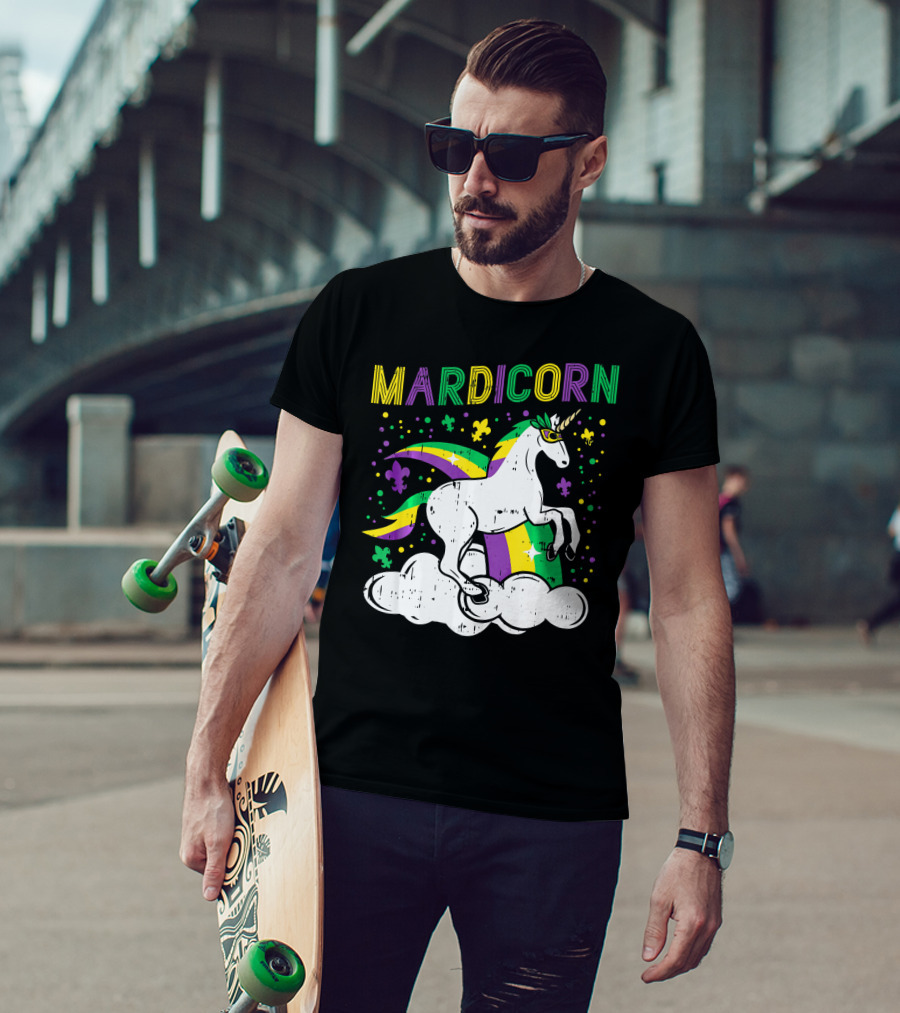 Mardicorn Retro Unicorn Jester Animal Mardi Gras Fleur-de-Lis Clouds T-Shirt