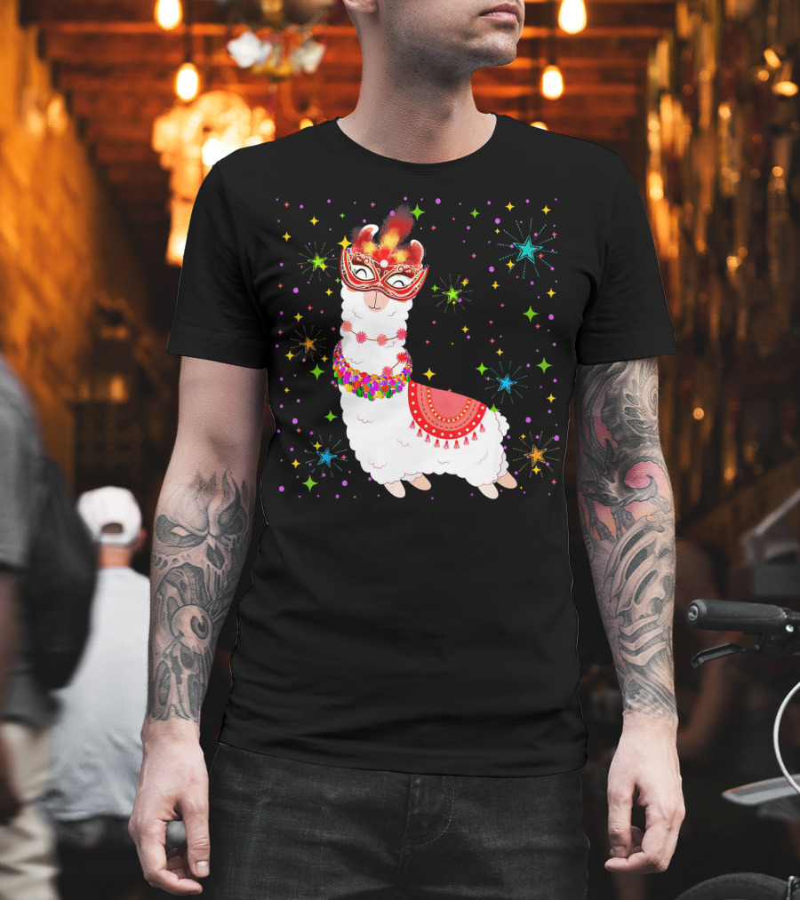 Llama Mardi Gras Mask Beads Colorful Festive Stars T-Shirt