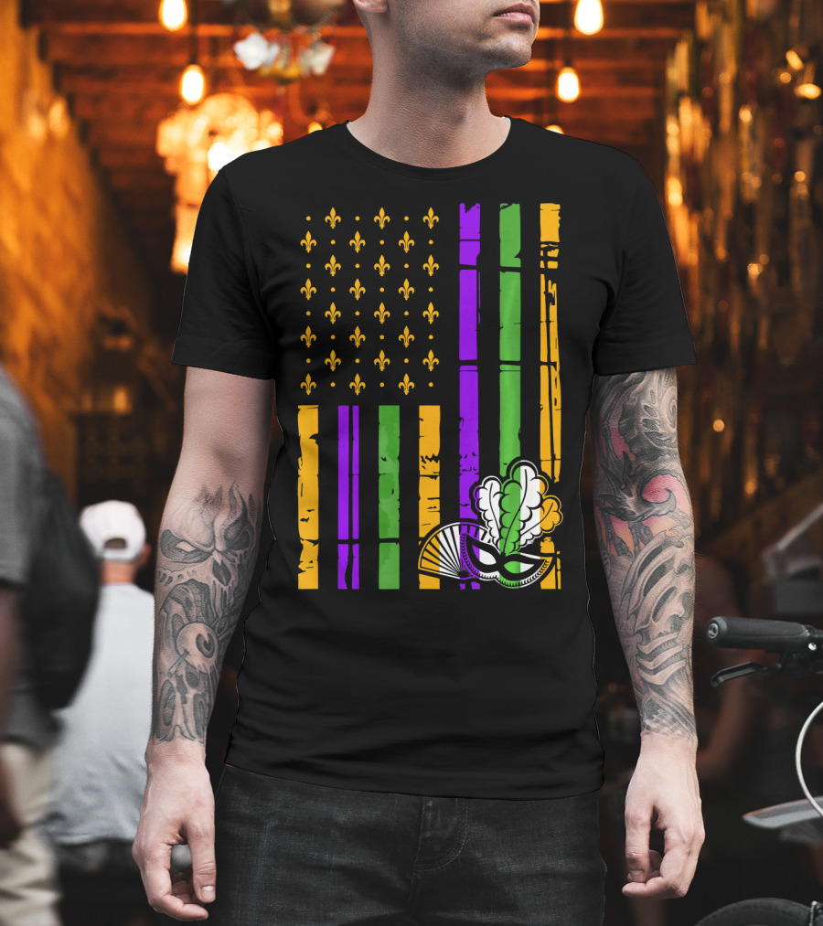 US Mardi Gras Celebration Flag Fleur De Lis Mask T-Shirt