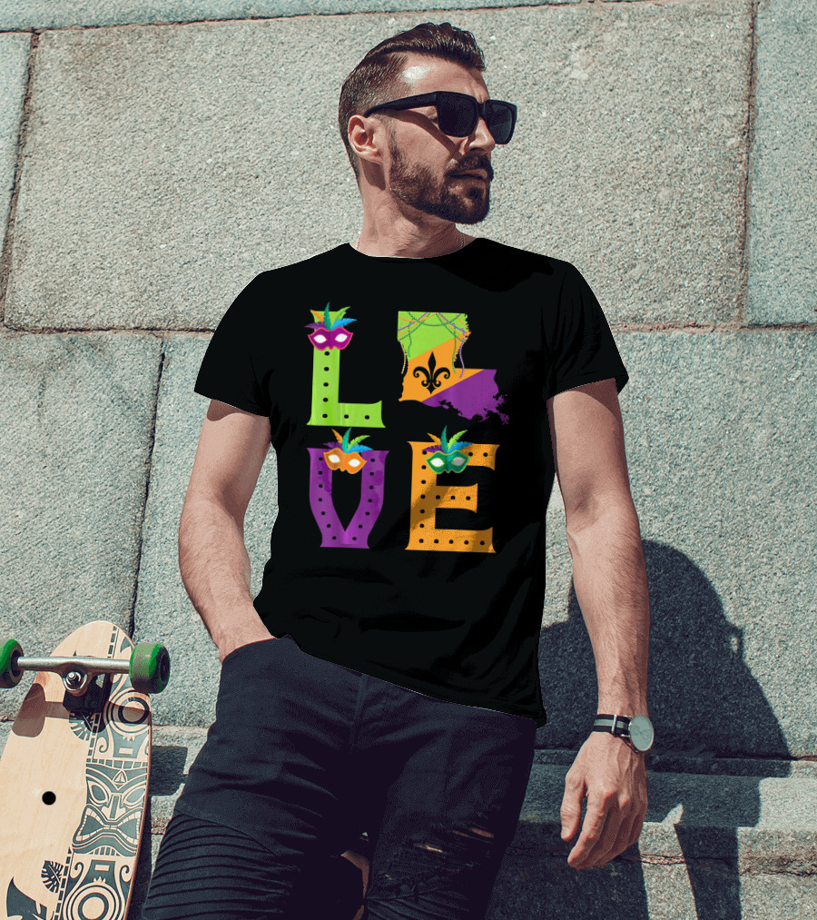 Love Mardi Gras Louisiana Fleur-de-lis Mask Beads T-Shirt
