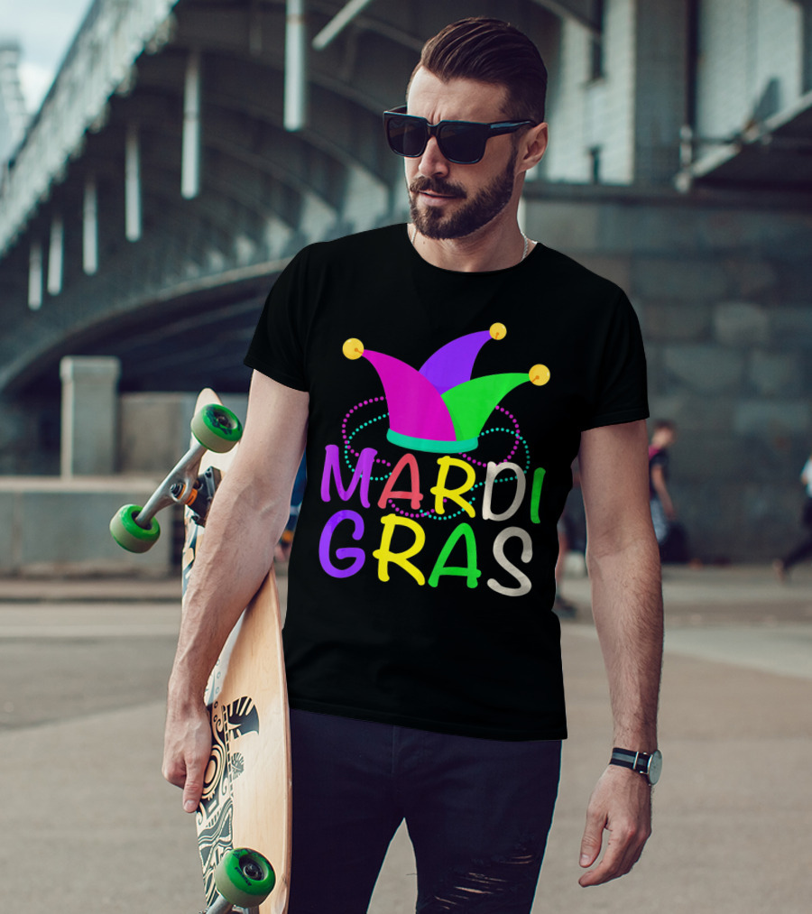 Mardi Gras Jester Hat Colorful Beads T-Shirt