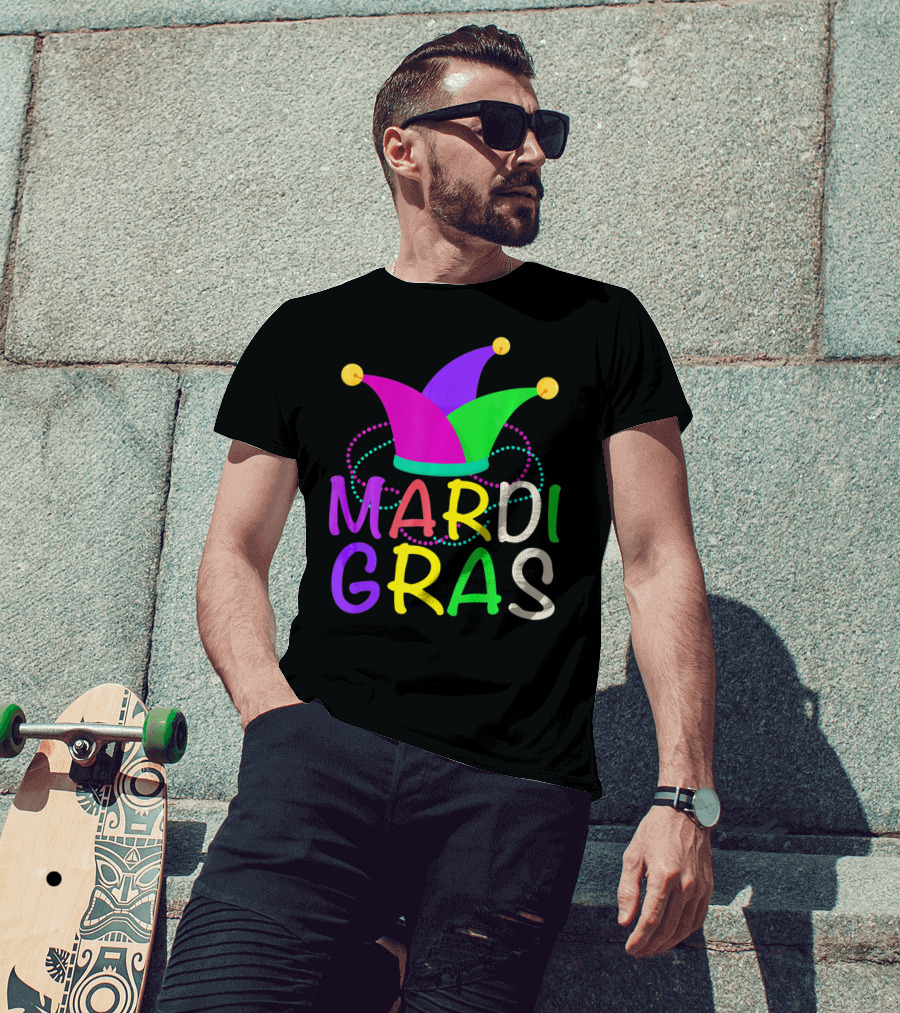 Mardi Gras Jester Hat Colorful Beads T-Shirt