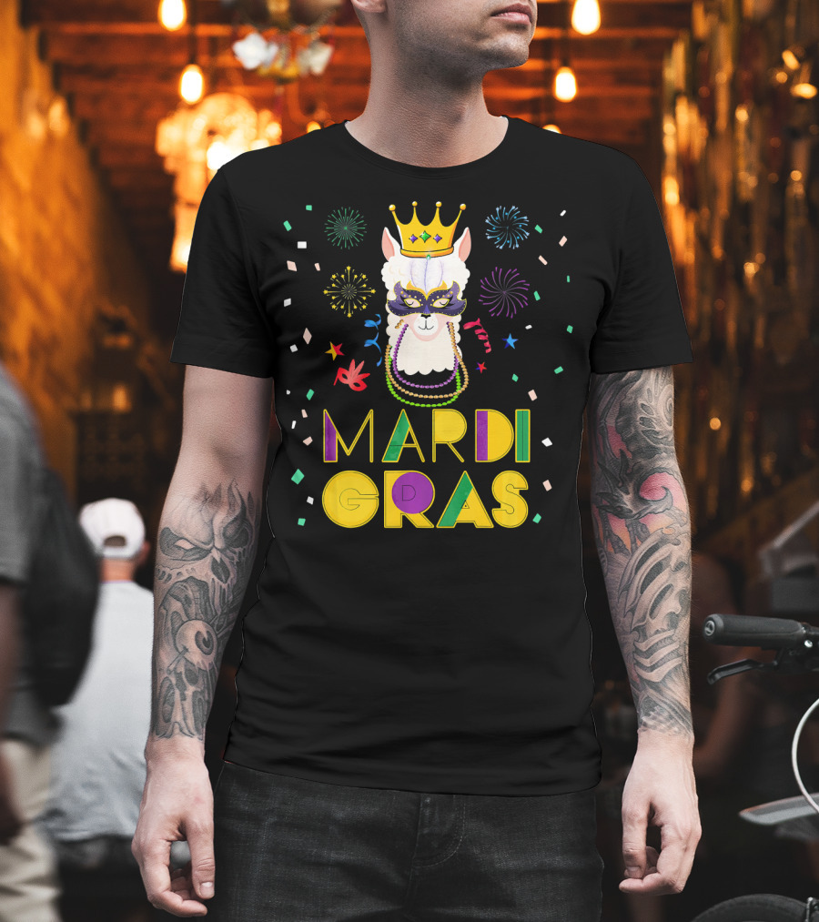 Mardi Gras Llama Alpaca Crowns Beads Fun Mask Fireworks T-Shirt