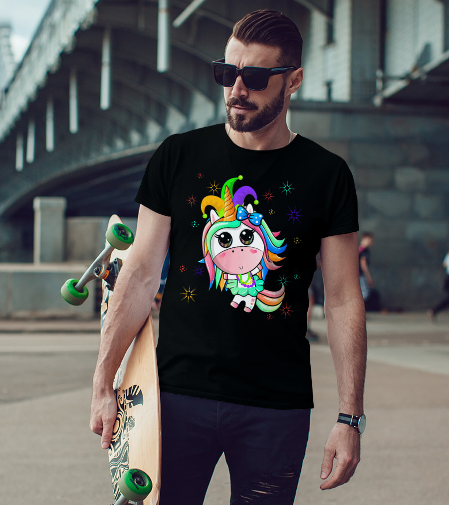 Mardi Gras Unicorn With Colorful Beads And Jester Hat T-Shirt