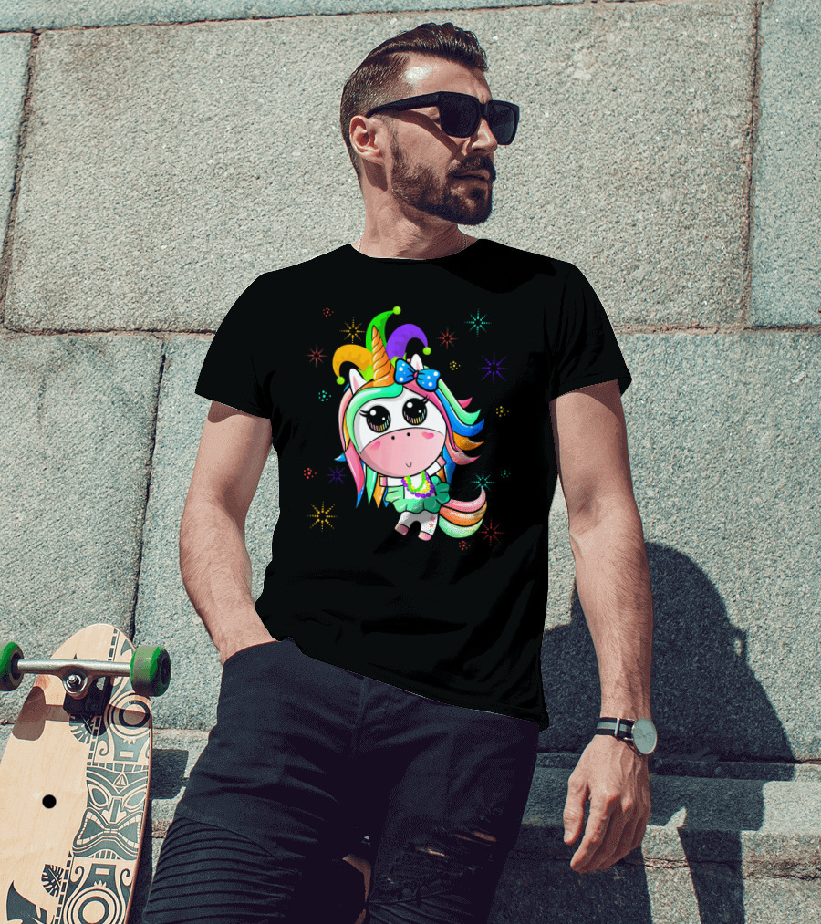 Mardi Gras Unicorn With Colorful Beads And Jester Hat T-Shirt