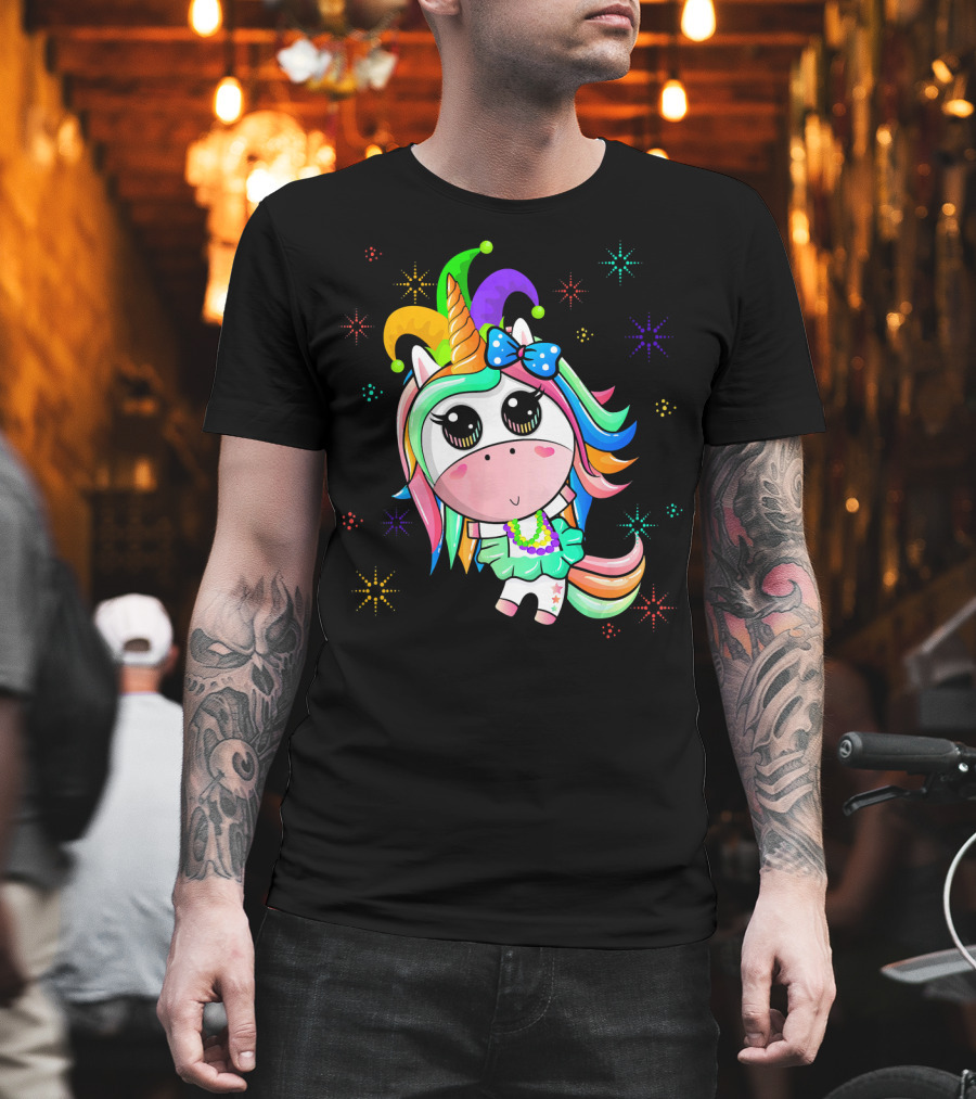 Mardi Gras Unicorn With Colorful Beads And Jester Hat T-Shirt