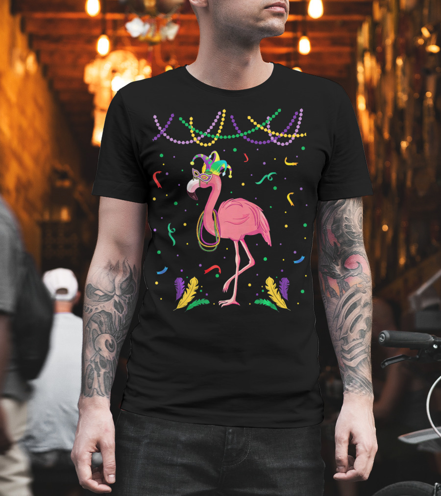 Flamingo Mardi Gras Beads and Mask T-Shirt