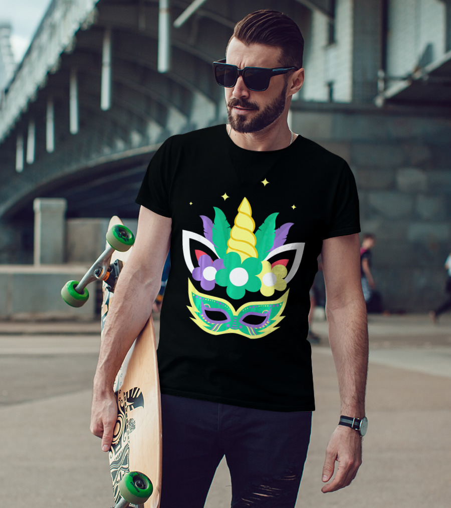 Unicorn Mardi Gras Mask With Flowers And Stars T-Shirt