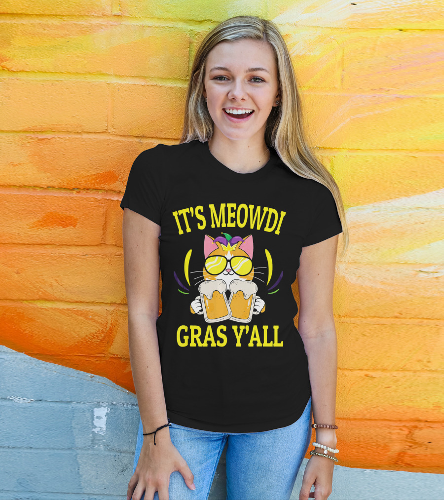 It's Meowdi Gras Y'all Cat With Beers And Sunglasses T-Shirt