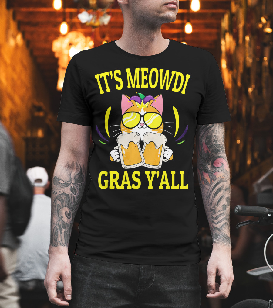 It's Meowdi Gras Y'all Cat With Beers And Sunglasses T-Shirt