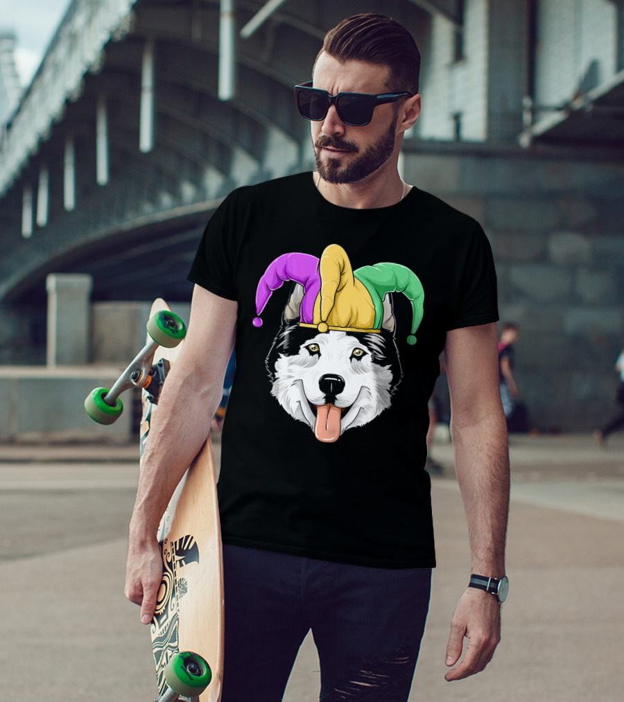 Mardi Gras Husky With Carnival Jester Hat T-Shirt