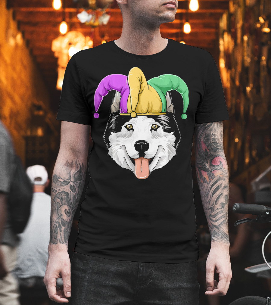 Mardi Gras Husky with Carnival Jester Hat T-Shirt