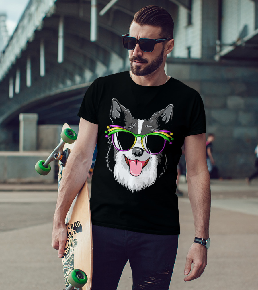 Collie Wearing Mardi Gras Carnival Mask With Colorful Glasses T-Shirt