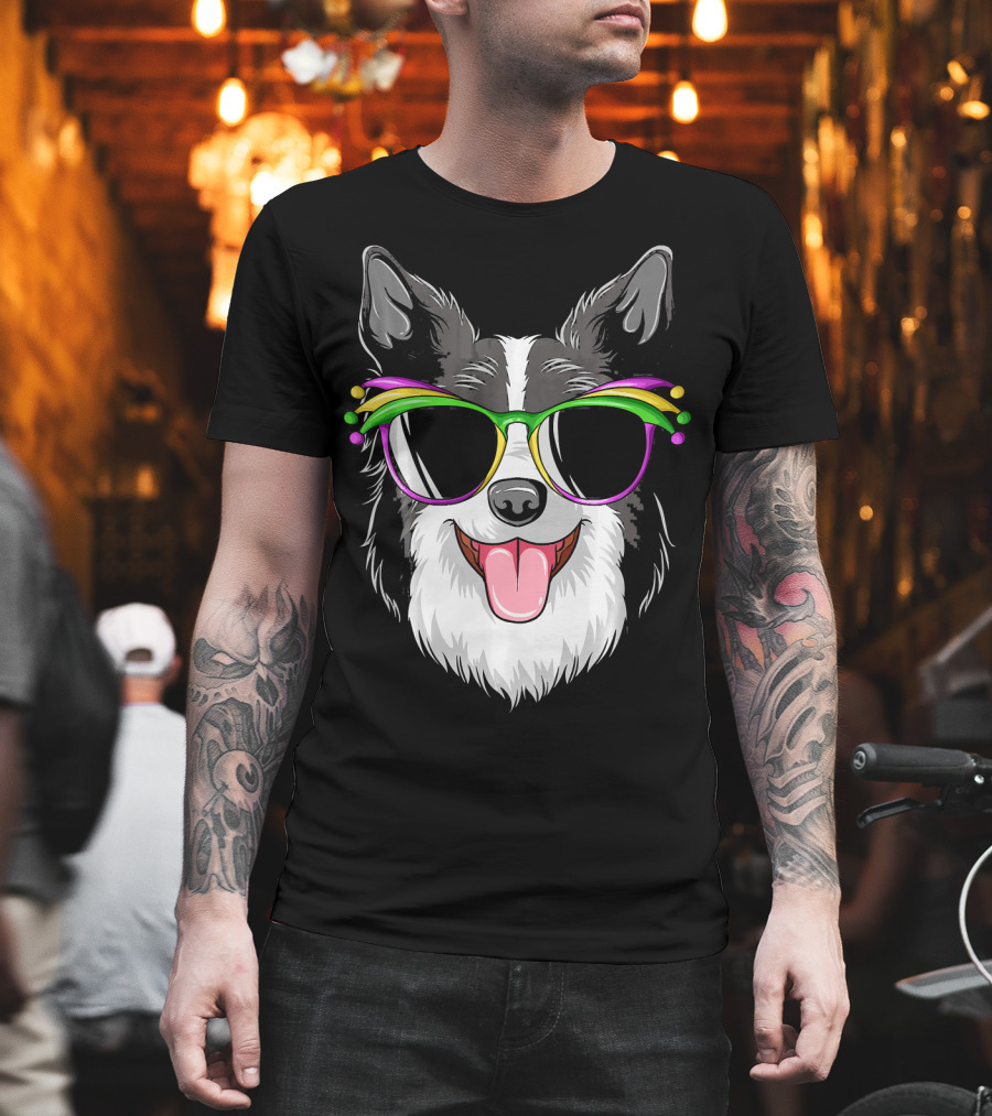 Collie Wearing Mardi Gras Carnival Mask With Colorful Glasses T-Shirt