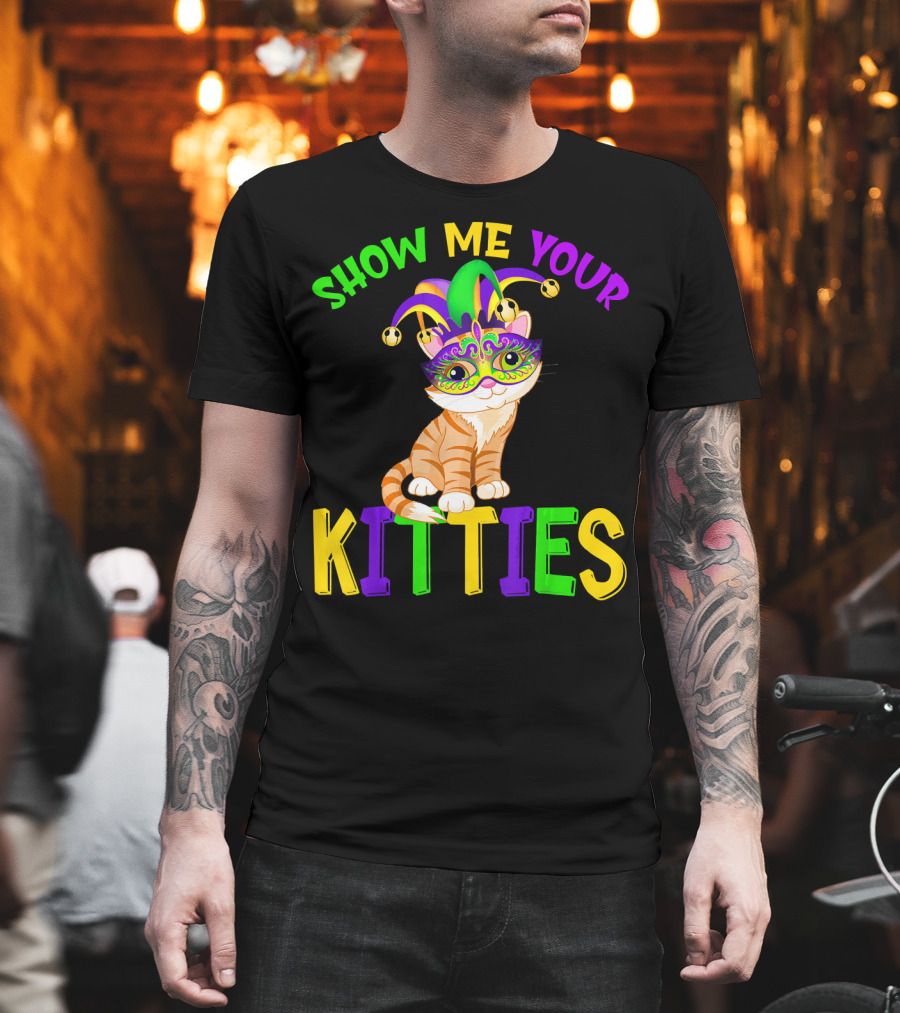Show Me Your Kitties Cat Lover Jester Mask with Colorful Juggling Hat and Orange Tabby T-Shirt