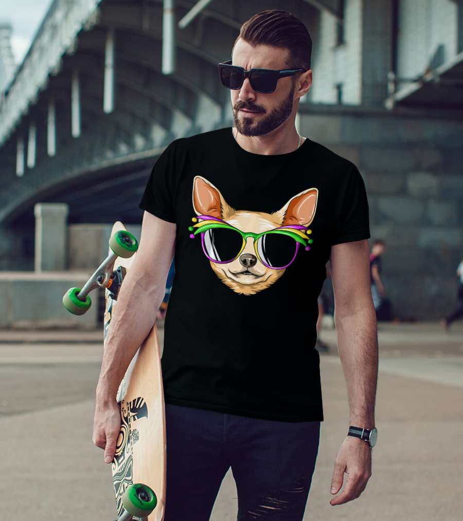 Chihuahua Mardi Gras Carnival Mask Sunglasses T-Shirt
