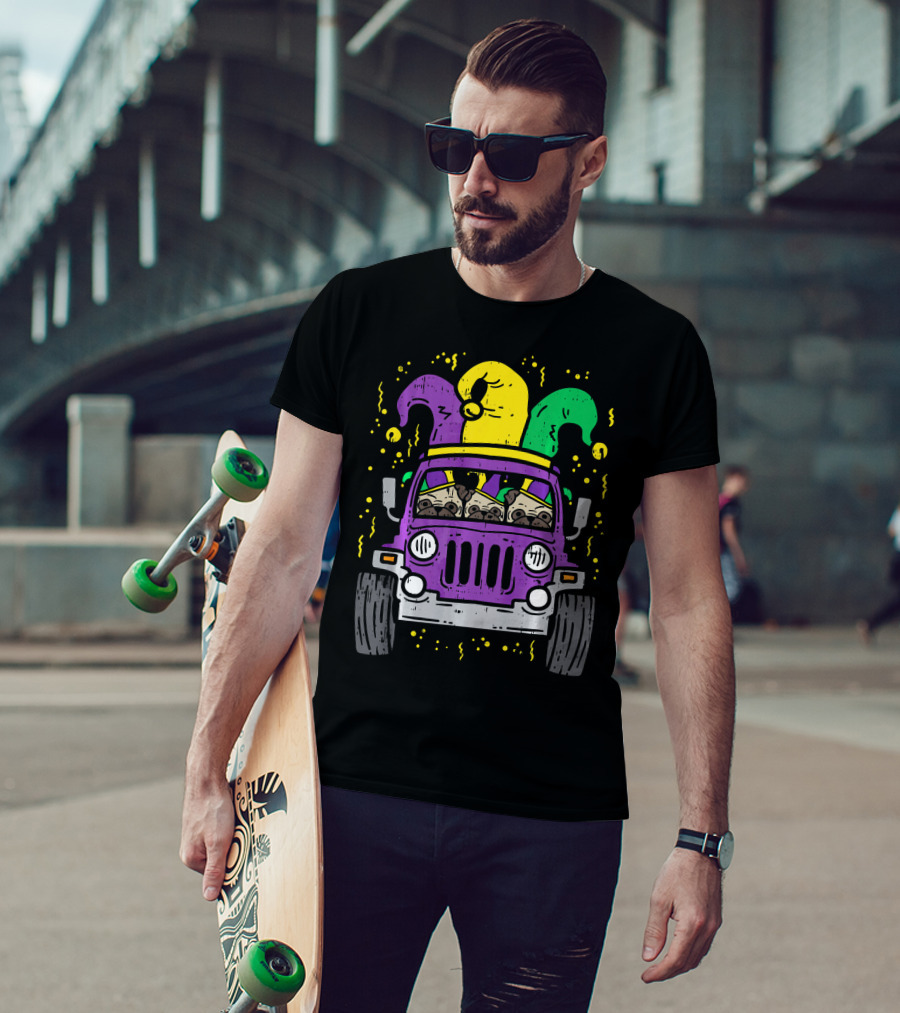 Mardi Gras Jester Pug Dogs In Purple Car T-Shirt